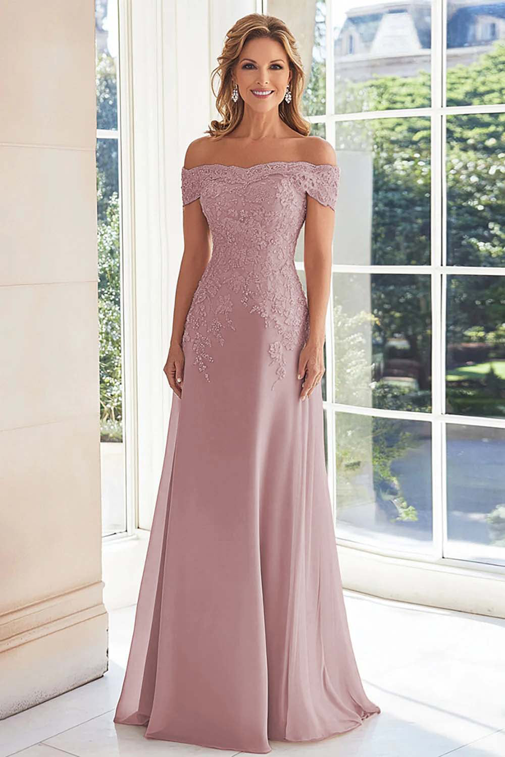 Zapakasa Women Elegant Taupe Mother of the Bride with Lace Appliques Off the Shoulder Chiffon Sheath Long Formal Dress Zapakasa Women Elegant Taupe Mother of the Bride with Lace Appliques Off the Shoulder Chiffon Sheath Long Formal Dress