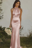 Mermaid Light Yellow Halter Long Satin Bridesmaid Dress
