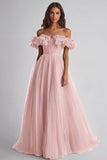 A Line Dusty Sage Off the Shoulder Long Wedding Guest Dress with Ruffles