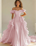Yellow Satin Long Off the Shoulder Prom Dress with Ruffles