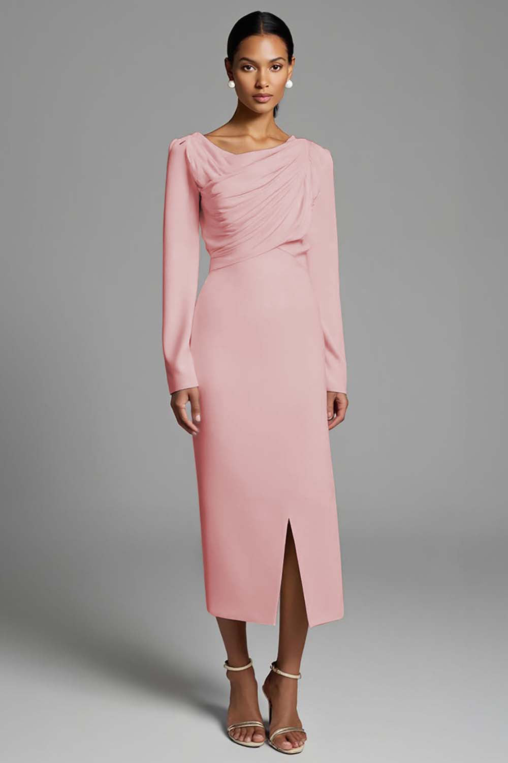 Ivory Ruched Pencil Long Sleeves Work Dress with Slit