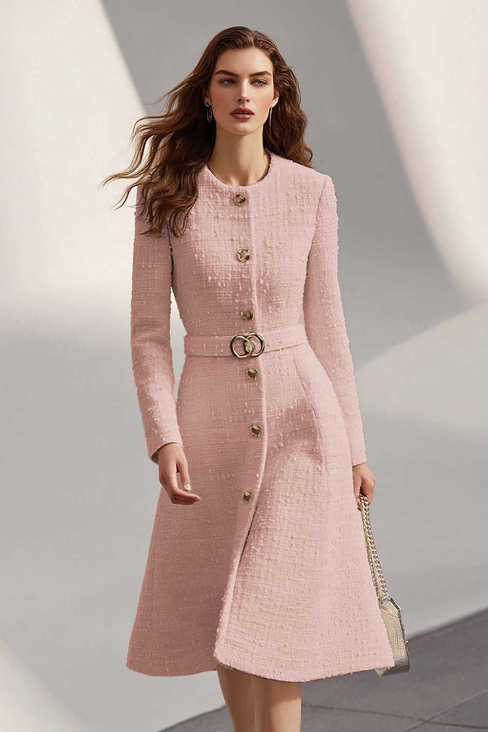 Ivory Long Sleeves Round Neck Tweed Midi Work Dress with Belt