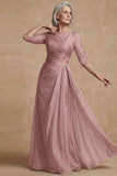 Dusty Sage Bateau Neck A Line Long Mother of the Bride Dress with Sleeves