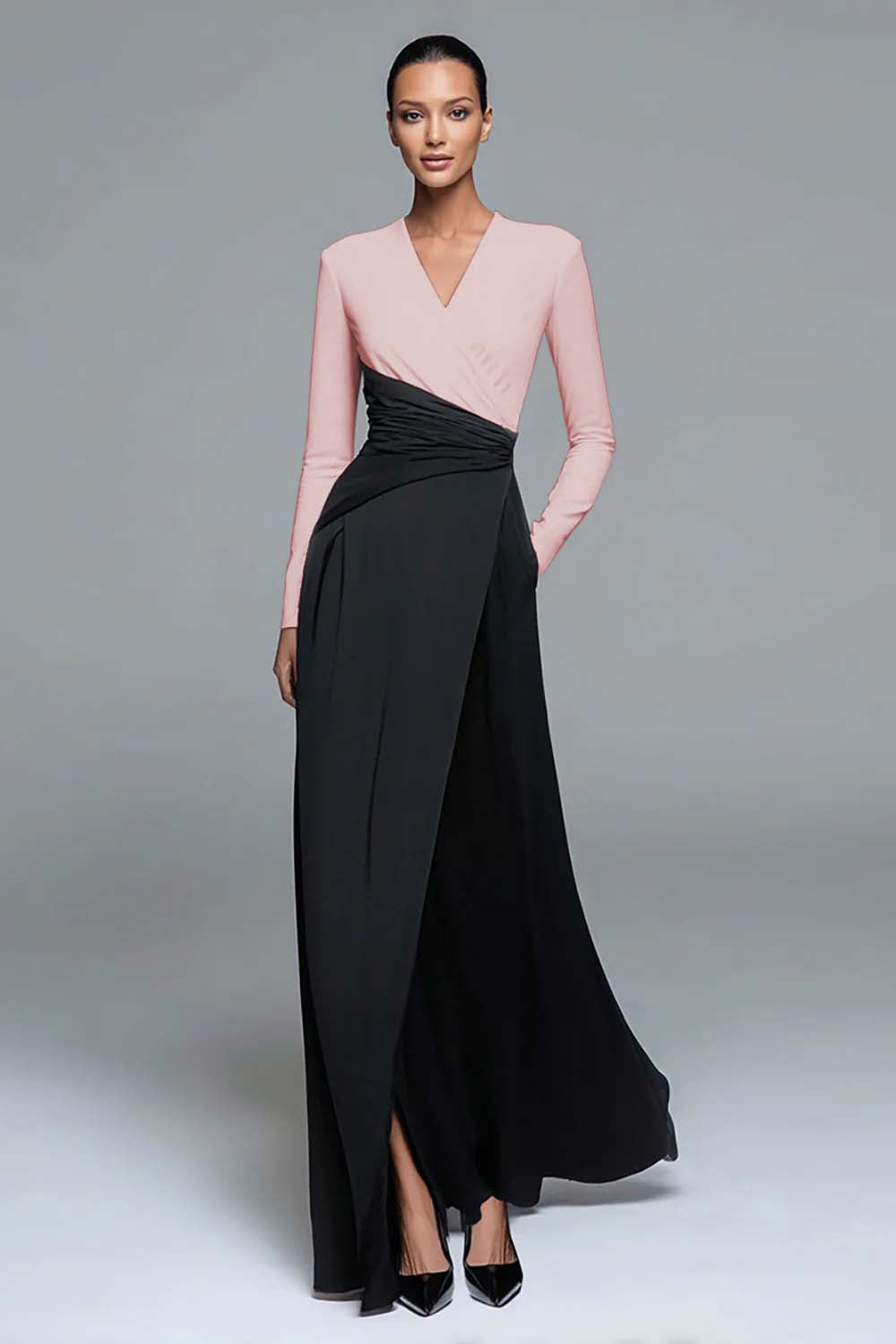 Zapakasa Women Black and White Patchwork Long Formal Dress with Pockets V-Neck Satin Sheath Evening Dress with Slit Zapakasa Women Black and White Patchwork Long Formal Dress with Pockets V-Neck Satin Sheath Evening Dress with Slit