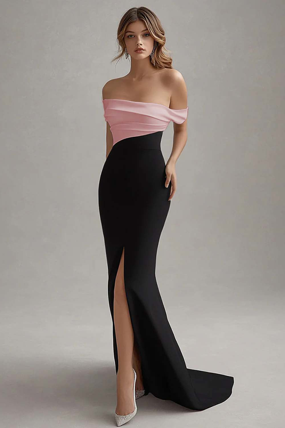 Black White Long Off the Shoulder Sheath Black Tie Dress with Slit