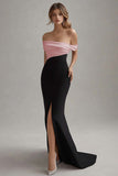 Black White Long Off the Shoulder Sheath Black Tie Dress with Slit