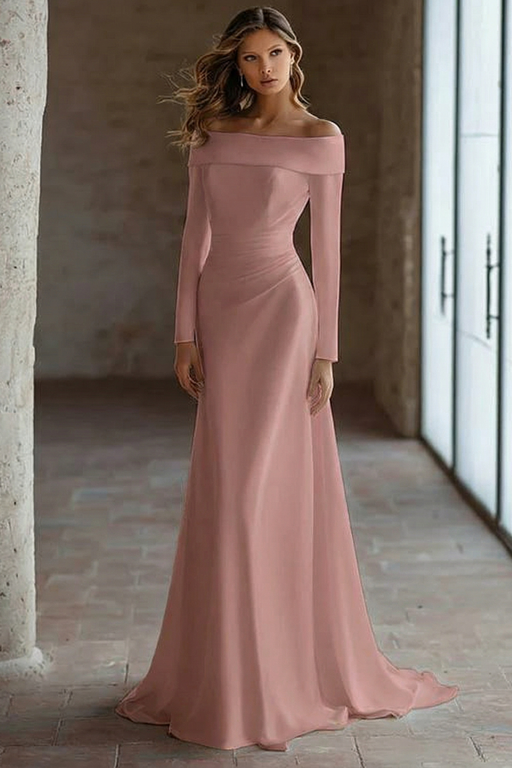 Ivory Satin Off The Shoulder Sweep Train Wedding Dress with Sleeves