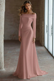 Ivory Satin Off The Shoulder Sweep Train Wedding Dress with Sleeves
