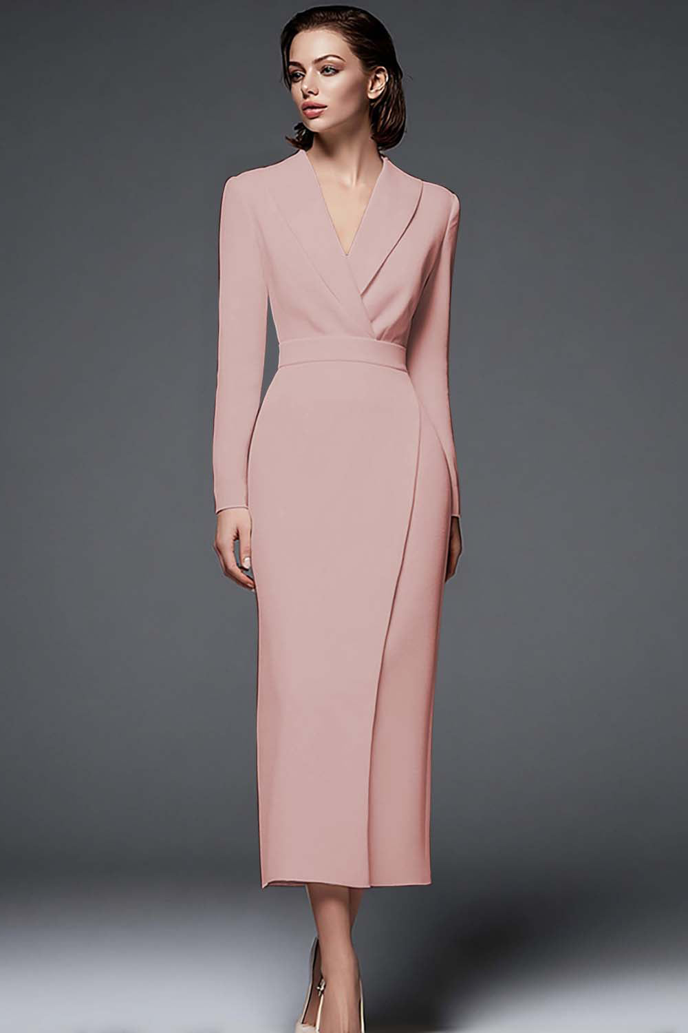 Simple Ivory Pencil Shawl Lapel Long Blazer Dress with Sleeves