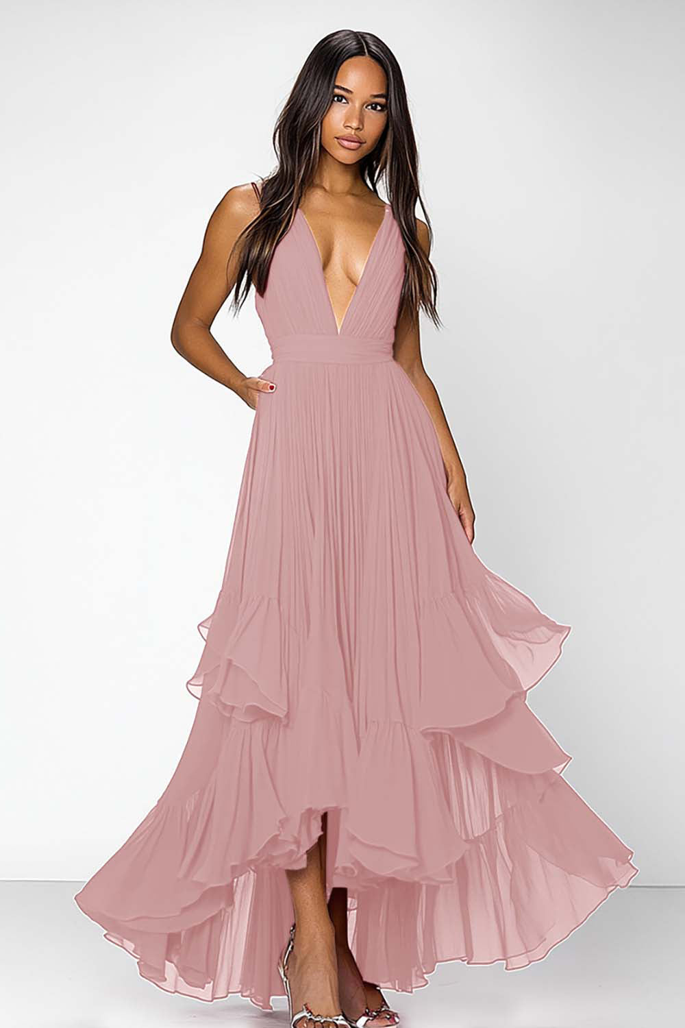 A Line Red Deep V-Neck Ruffled Long Formal Dress