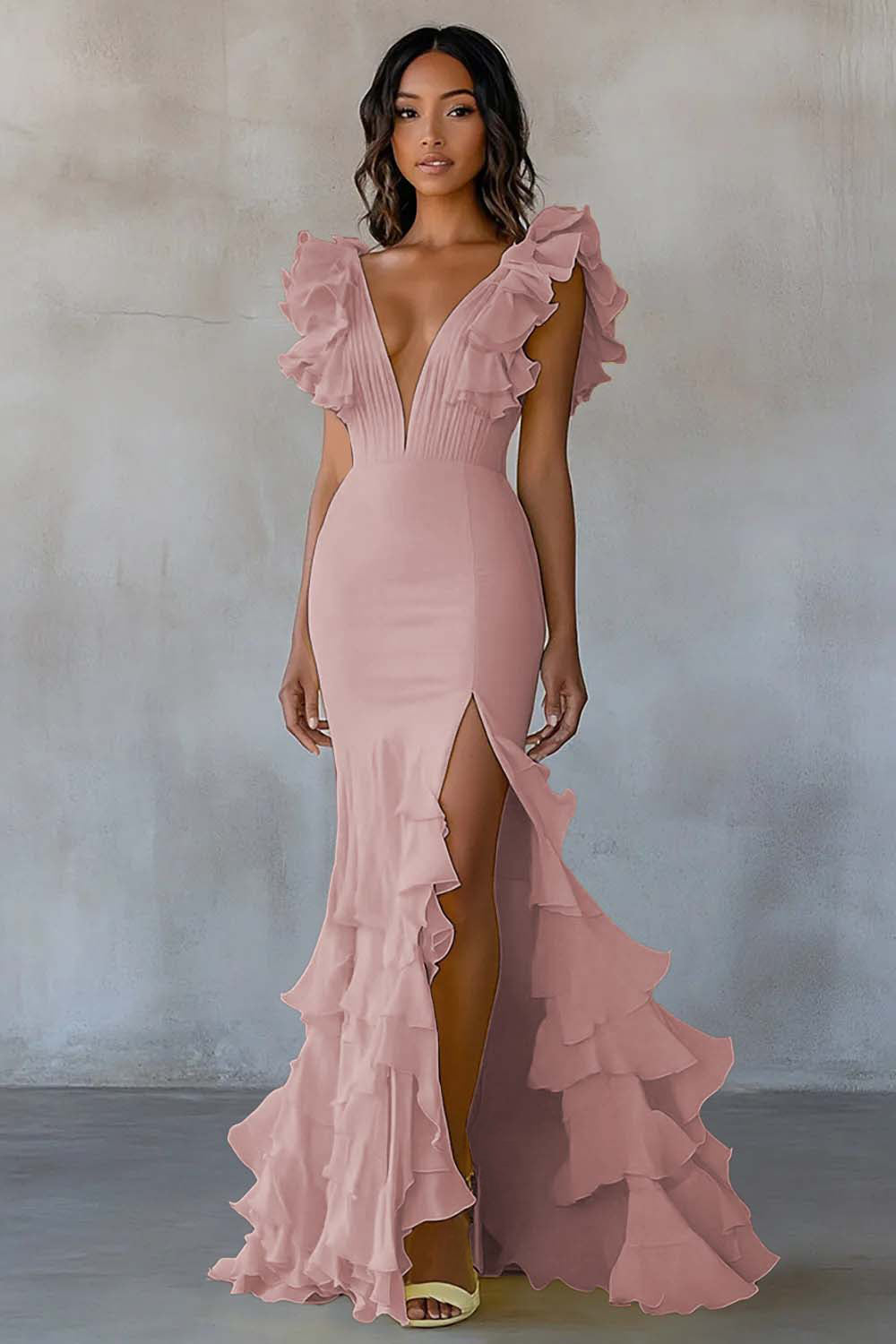 frilly formal dress ruffle formal dress Sheath Spaghetti Straps Corset Back Purple Prom Dress With Split Pgmdress