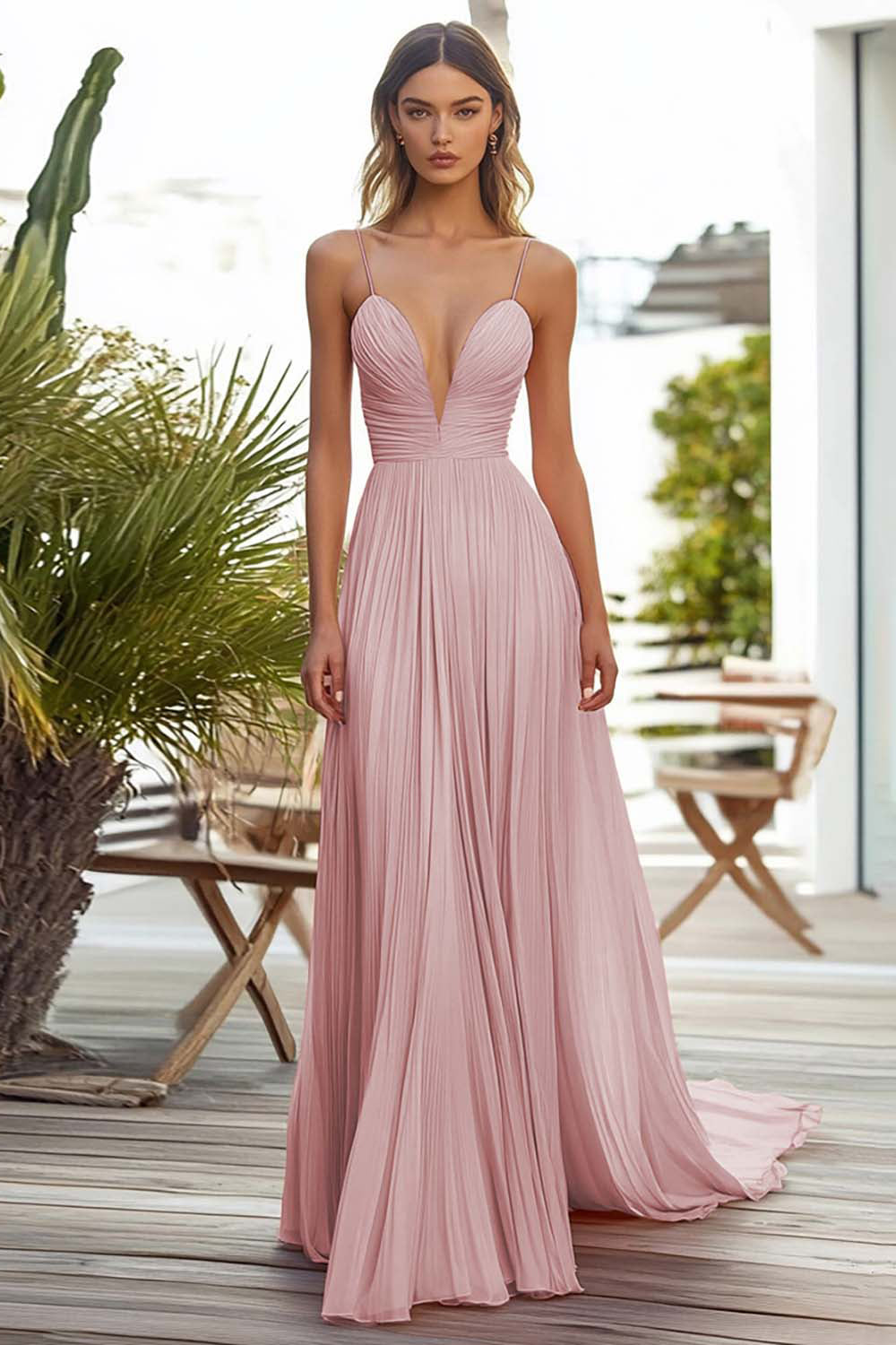 Pink Spaghetti Straps Chiffon Long Wedding Guest Dress with Pleated