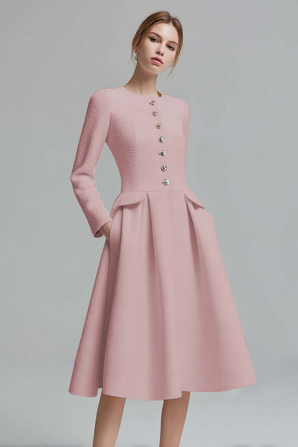 Ivory Tweed Long Sleeves A Line Midi Pageant Interview Dress with Pockets
