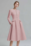 Ivory Tweed Long Sleeves A Line Midi Pageant Interview Dress with Pockets