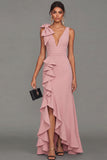 Black V-Neck Long Formal Dress with Ruffles