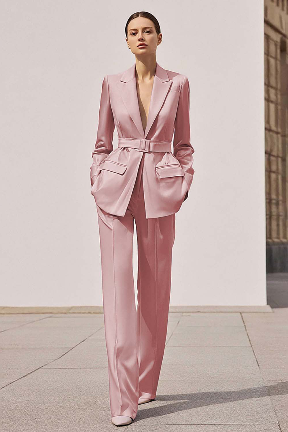 Lilac Satin Notched Lapel 2 Piece Long Sleeves Business Suits with Belt