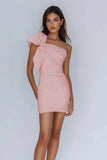 White Sheath Satin One Shoulder Short Graduation Dress with Bow