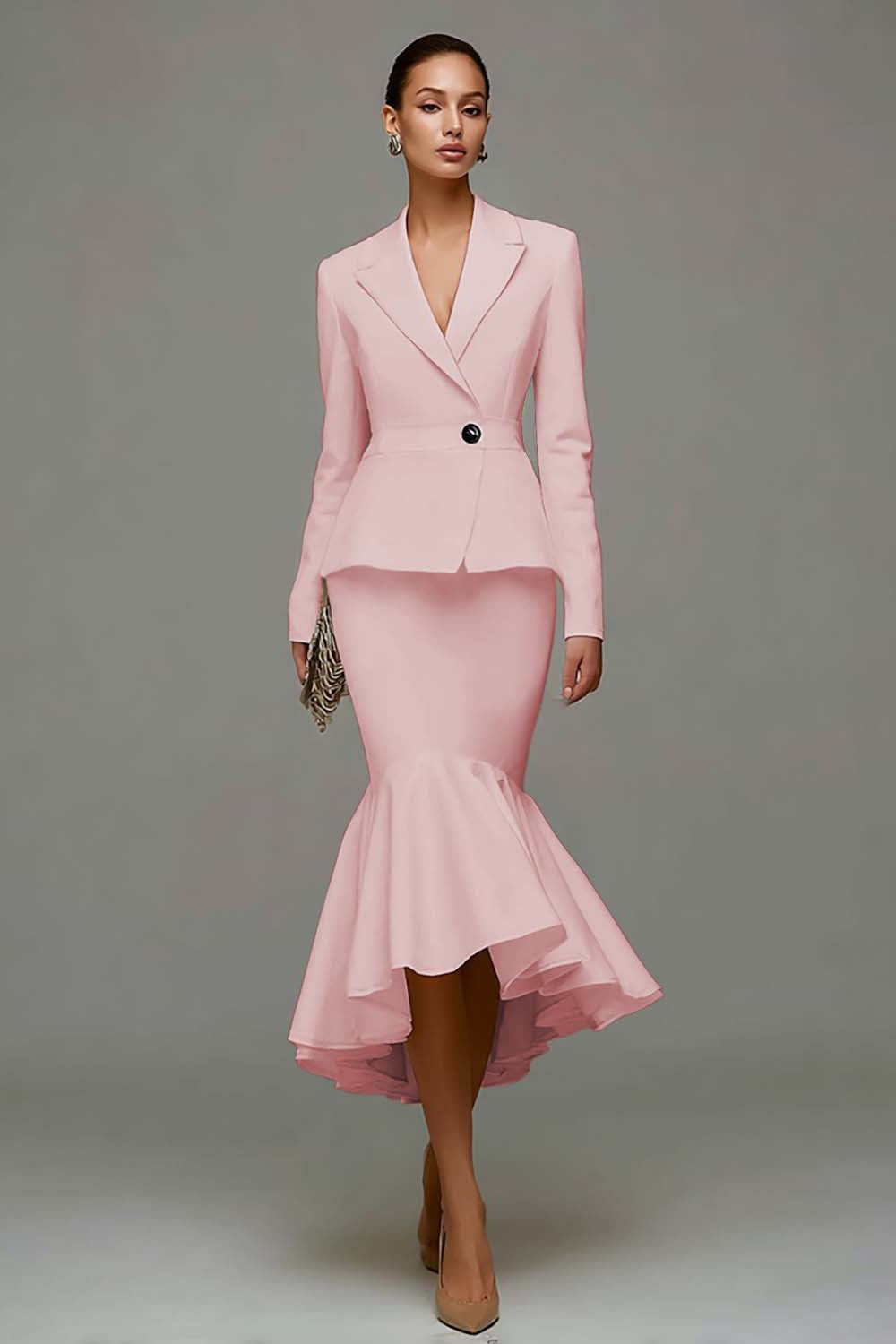 Ivory Satin Notched Lapel 2 Piece Midi Business Suits with Ruffles