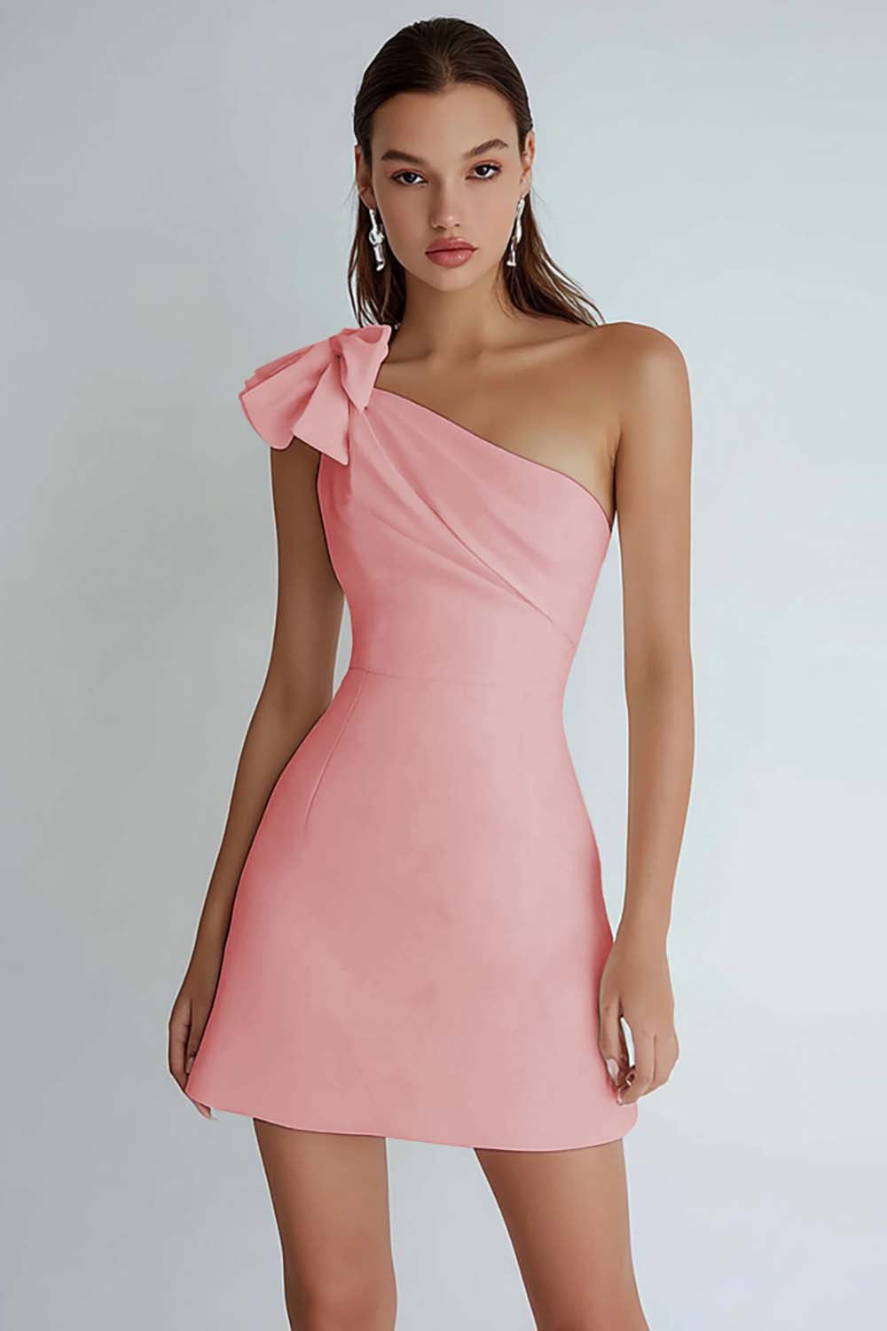 Ivory Satin One Shoulder Short A Line Graduation Dress with Bow