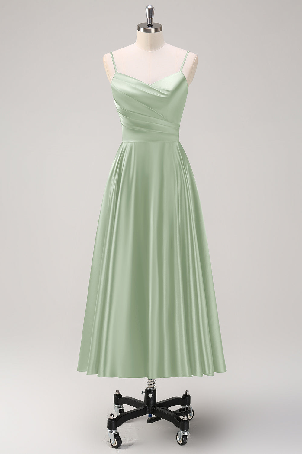 Navy A-Line Ruched Spaghetti Straps Tea Length Bridesmaid Dress