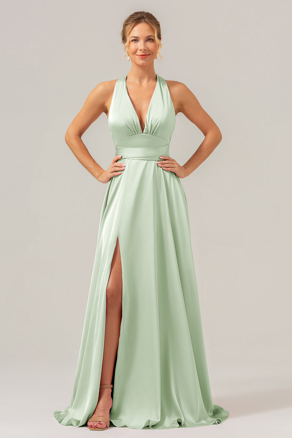 Zapakasa Women Pink Bridesmaid Dress with Slit V-Neck Backless A Line Wedding Party Dress Zapakasa Women Pink Bridesmaid Dress with Slit V-Neck Backless A Line Wedding Party Dress