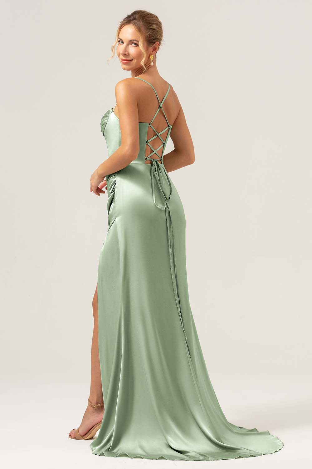 Sage Corset Long Bridesmaid Dress with Slit