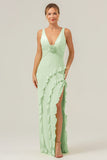 Lime Deep V Neck Ruffles Long Bridesmaid Dress with Slit