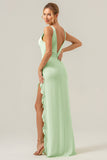 Lime Deep V Neck Ruffles Long Bridesmaid Dress with Slit