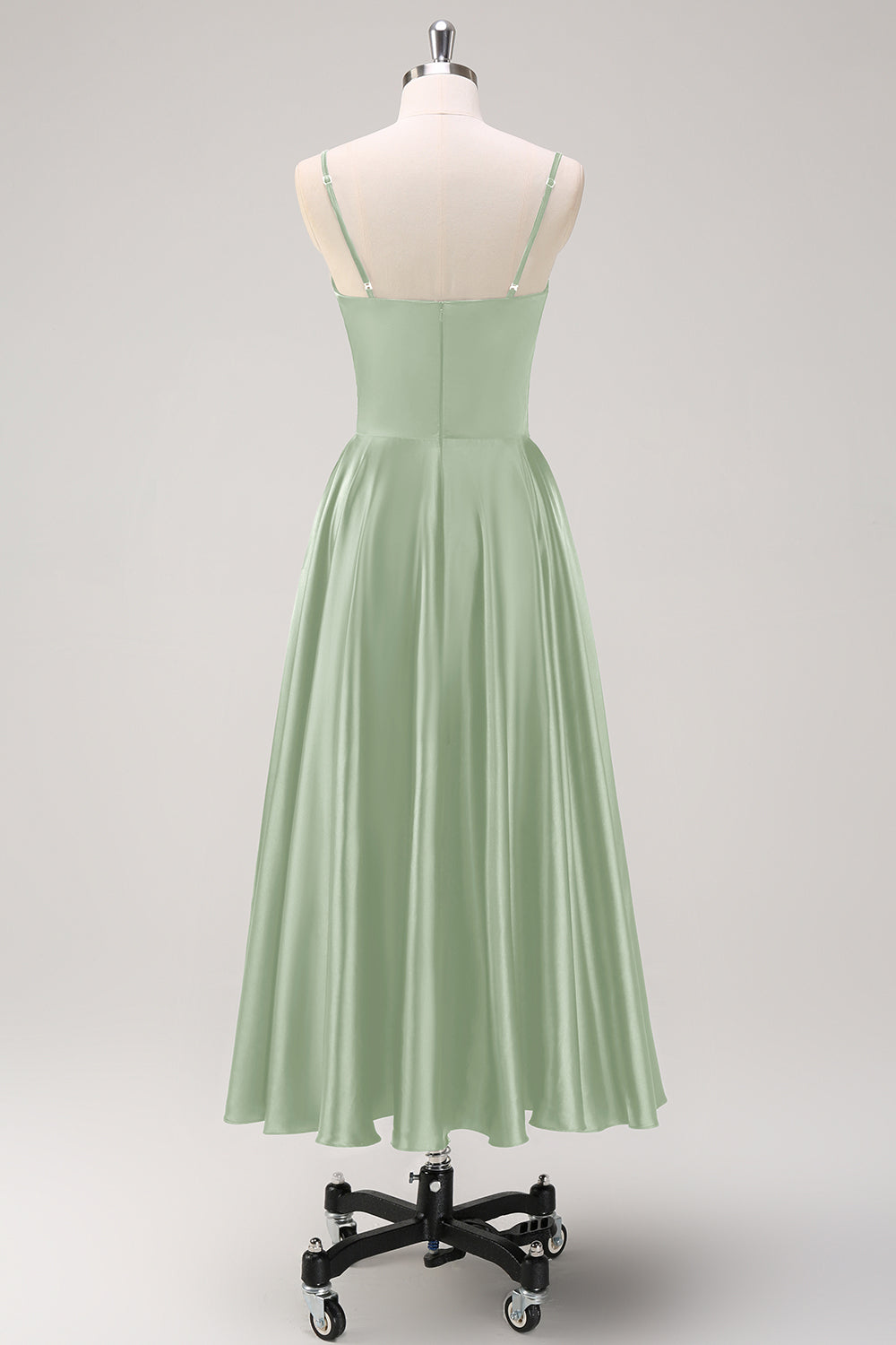 Navy A-Line Ruched Spaghetti Straps Tea Length Bridesmaid Dress