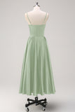 Navy A-Line Ruched Spaghetti Straps Tea Length Bridesmaid Dress