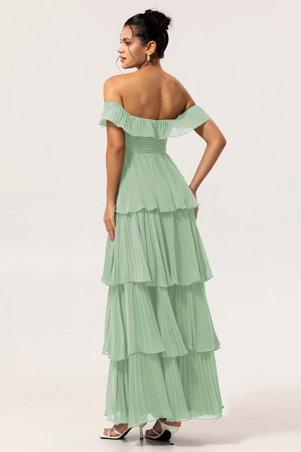 Eucalyptus Off The Shoulder Pleated Long Tiered Bridesmaid Dress