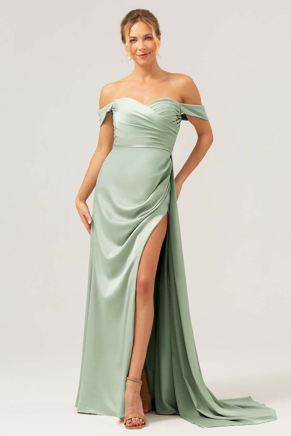 ZAPAKASA Women Dusty Sage Off The Shoulder Long Bridesmaid Dress with Slit A-Line Wedding Guest Dress
