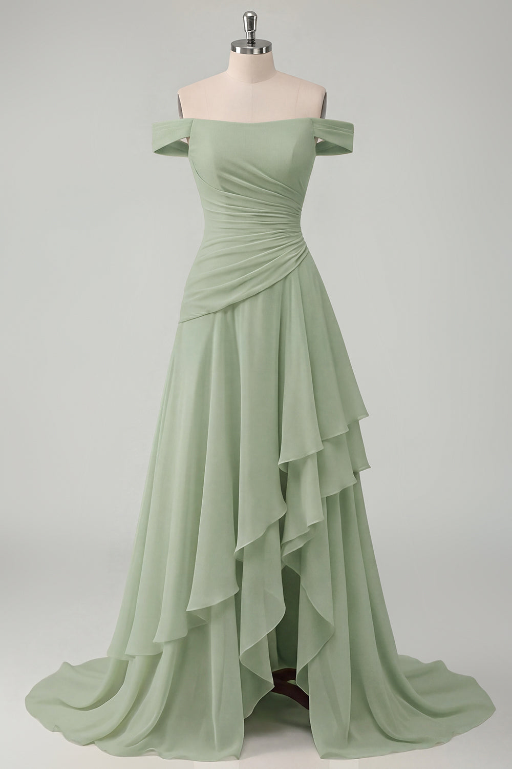 Ruched A Line Off the Shoulder Butter Yellow Ruffled Prom Dress with Slit
