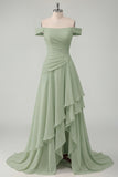 Ruched A Line Off the Shoulder Butter Yellow Ruffled Prom Dress with Slit