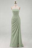 Light Pink Sheath Ruched Long Prom Dress with Slit