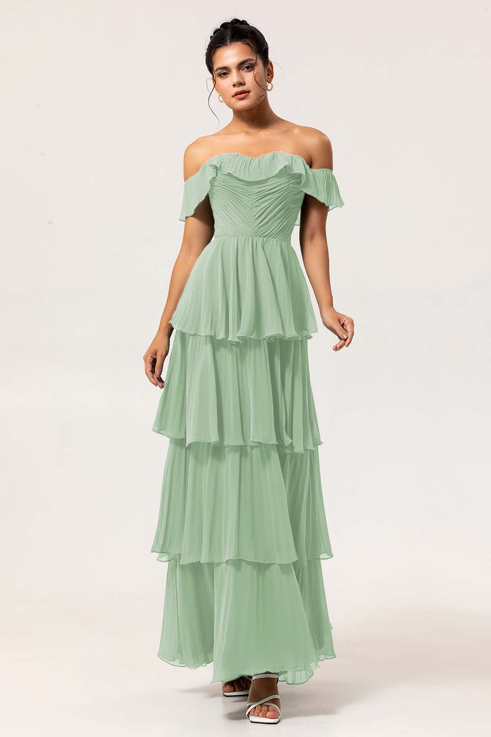 Eucalyptus Off The Shoulder Pleated Long Tiered Bridesmaid Dress