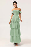 Eucalyptus Off The Shoulder Pleated Long Tiered Bridesmaid Dress