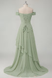 Ruched A Line Off the Shoulder Butter Yellow Ruffled Prom Dress with Slit