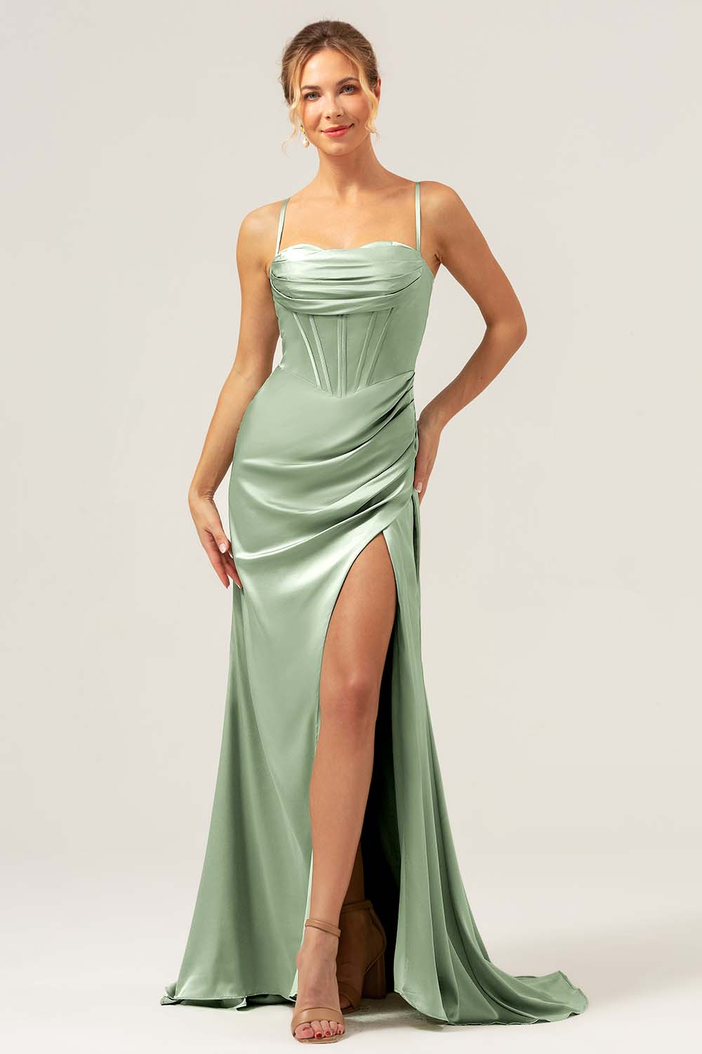 Sage Corset Long Bridesmaid Dress with Slit