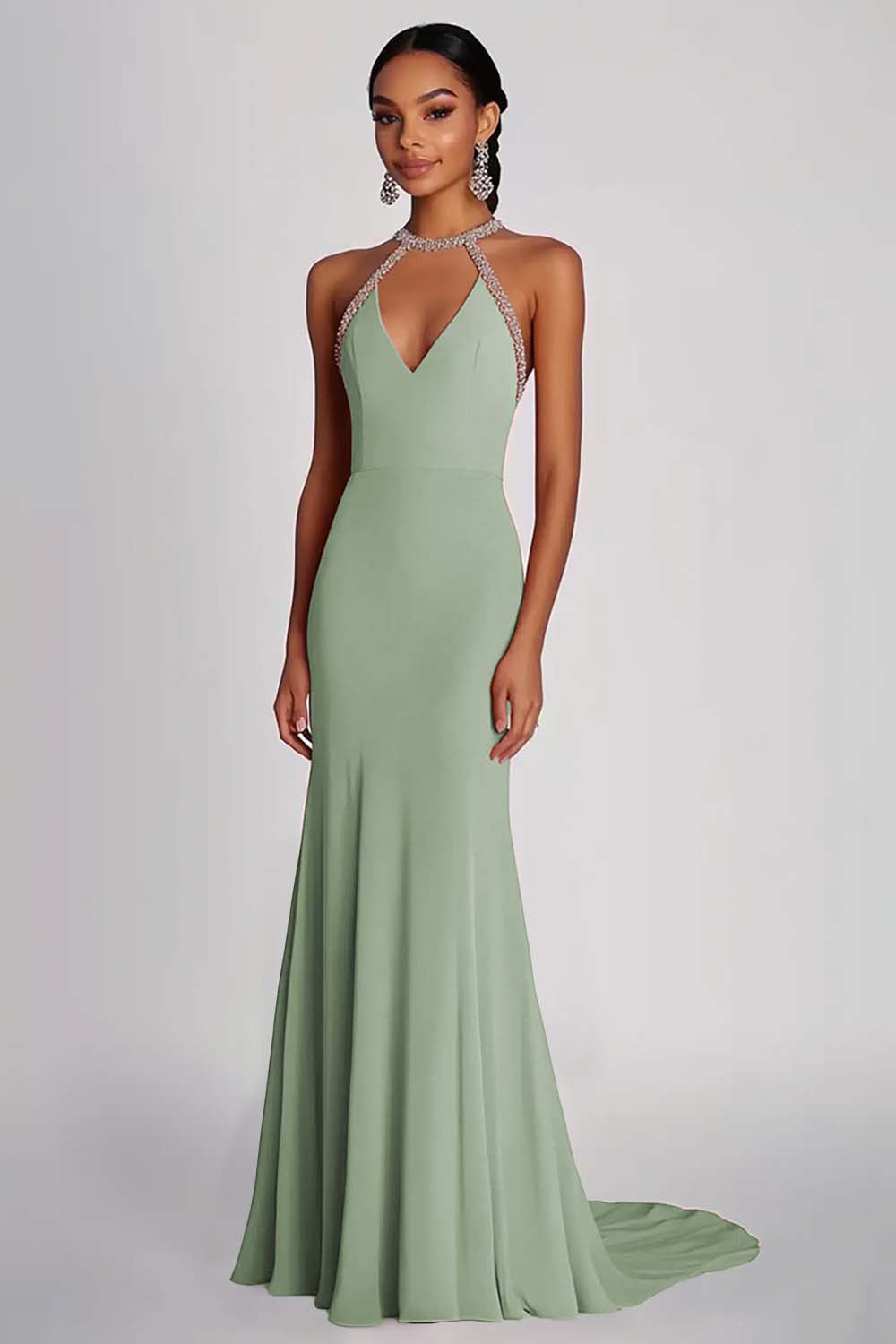 Pink Halter Neck Sheath Long Formal Dress with Beading
