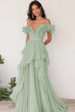 Dusty Sage Chiffon A Line Pleated Long Ruffled Prom Dress Asymmetrical Off the Shoulder Pageant Dress