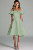 Dusty Blue A Line Satin Off the Shoulder Short Graduation Dress with Ruffles