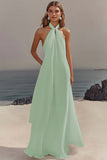 White Halter Neck A Line Long Chiffon Rehearsal Dinner Dress