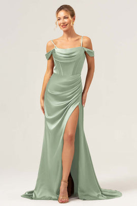 Coffee Corset Cold Shoulder Long Bridesmaid Dress with Slit