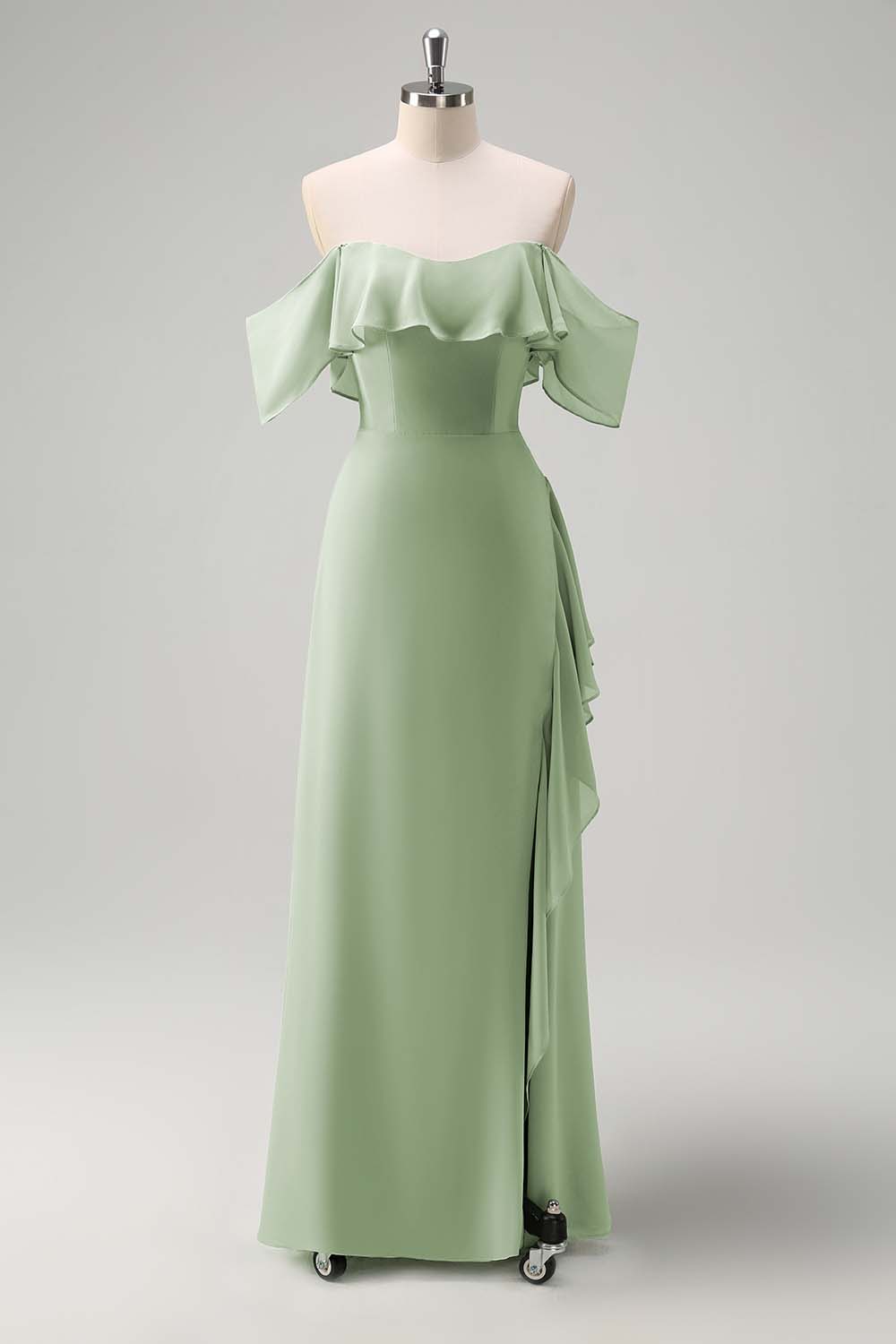 Zapaka Women Light Green Chiffon Bridesmaid Dress Sheath Off the Shoulder Ruffles Long Wedding Guest Dress with Slit, Light Green / UK18