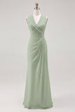 White Chiffon V-Neck Sheath Sleeveless Long Rehearsal Dinner Dress