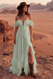 Ivory A Line Maxi Off the Shoulder Beach Wedding Dress with Ruffles