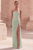 Light Pink Sheath Ruched Long Prom Dress with Slit