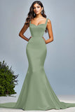 Corset Dark Green Satin Spaghetti Straps Mermaid Long Prom Dress