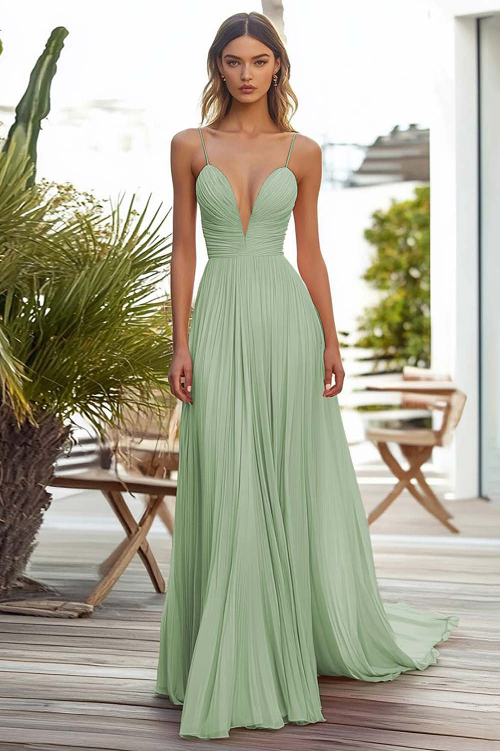 Pink Spaghetti Straps Chiffon Long Wedding Guest Dress with Pleated
